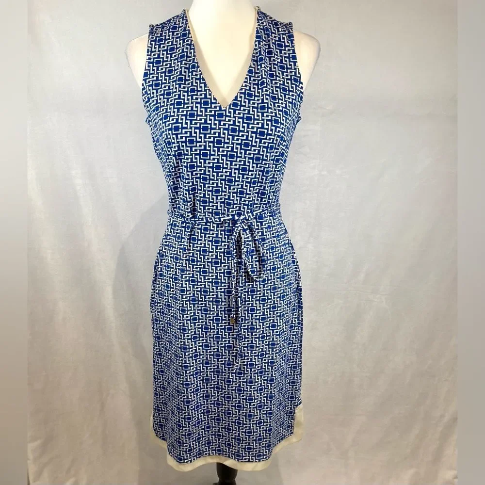 Ann Taylor royal blue and white geo print Grecian dress size small